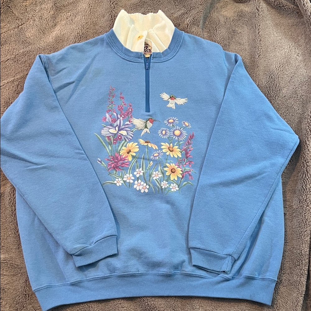 Top Stitch hummingbird floral Pull Over Sweatshirt XL